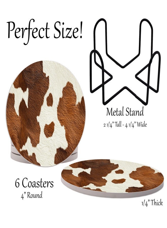 DAJDC Cow Print Brown White Country Farm Round Coasters Set of 6 - Abosrbent Ceramic with Metal Stand for Drinks, Coffee, Non-Slip Cork Back (Brown) - Image 2